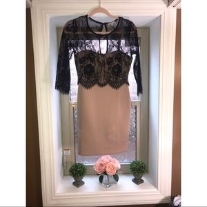 Black lace and nude dress.